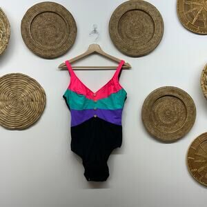 NWT Vintage 80s Slim Allure One Piece Swimsuit 16T TALL Colorful Black Striped